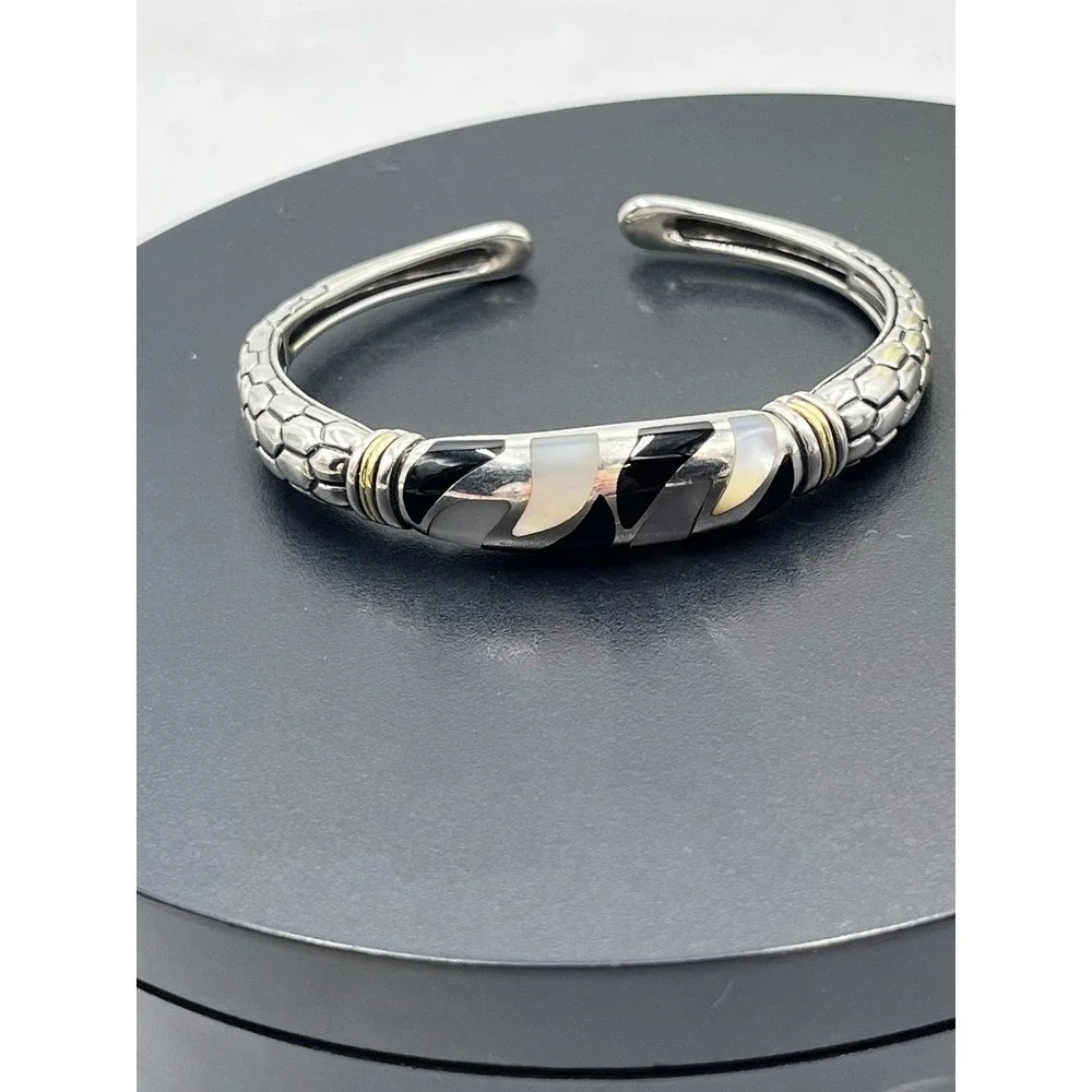 Asch Grossbardt Sterling Silver 18K Onyx Mother of Pearl Inlay Cuff Bracelet